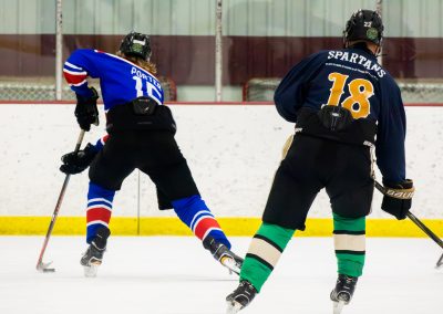 Two hockey players in action on the ice rink, wearing blue and dark jerseys.