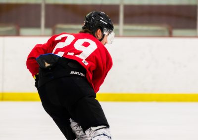 A hockey player in a red jersey with the number 29 is on the ice rink.